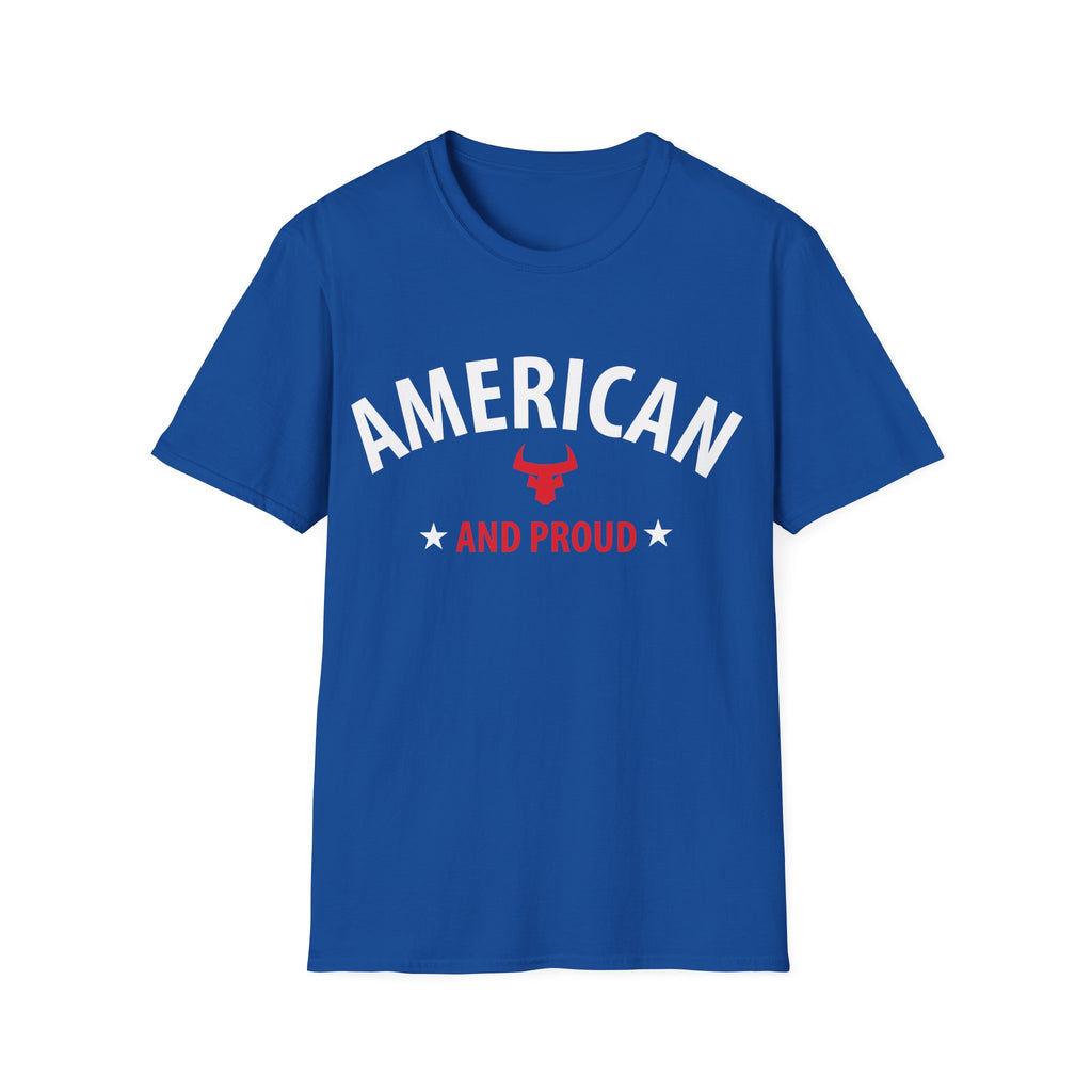 AMERICAN and PROUD USA 4th July Patriotic Rock Design Unisex Softstyle T-Shirt