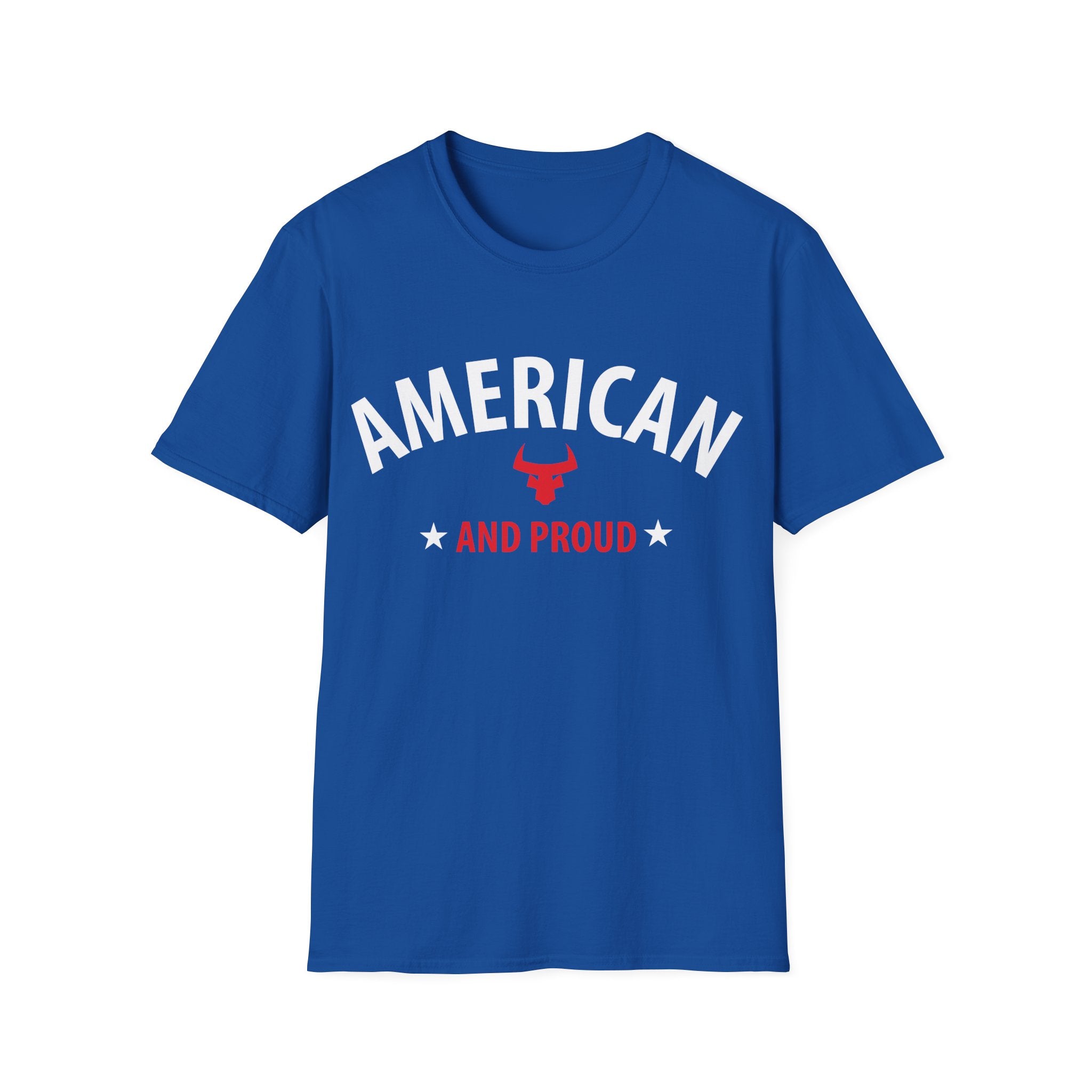 AMERICAN and PROUD USA 4th July Patriotic Rock Design Unisex Softstyle T-Shirt