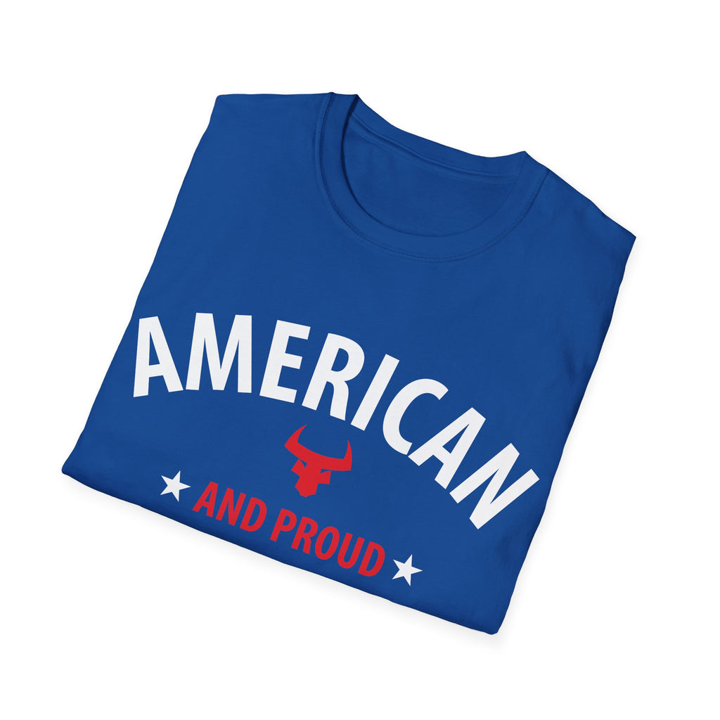 AMERICAN and PROUD USA 4th July Patriotic Rock Design Unisex Softstyle T-Shirt