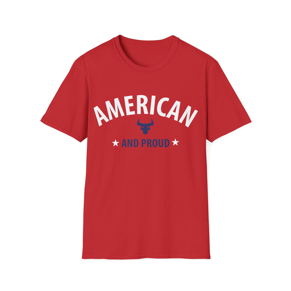 AMERICAN and PROUD USA 4th July Patriotic Rock Design Unisex Softstyle T-Shirt