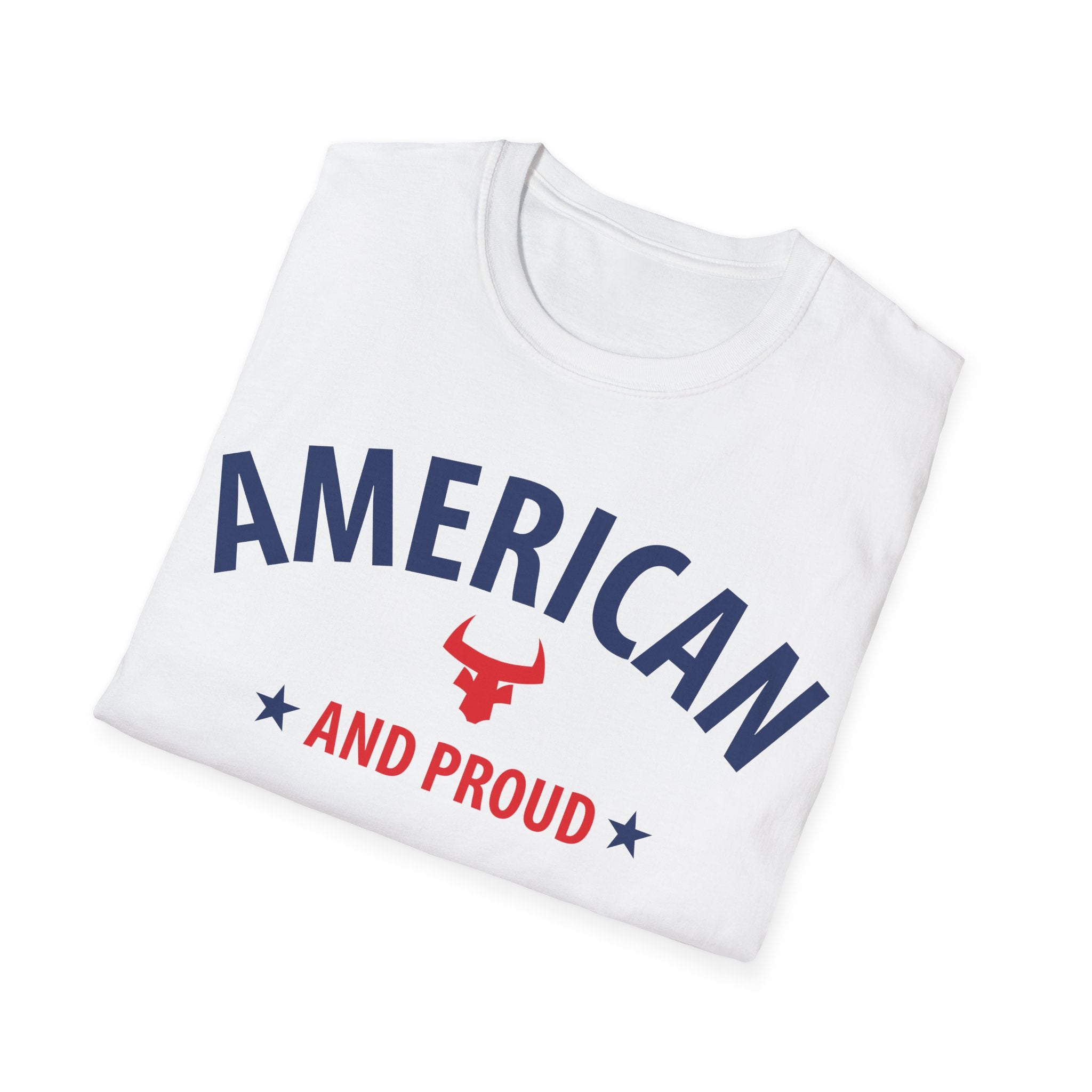 AMERICAN and PROUD USA 4th July Patriotic Rock Design Unisex Softstyle T-Shirt