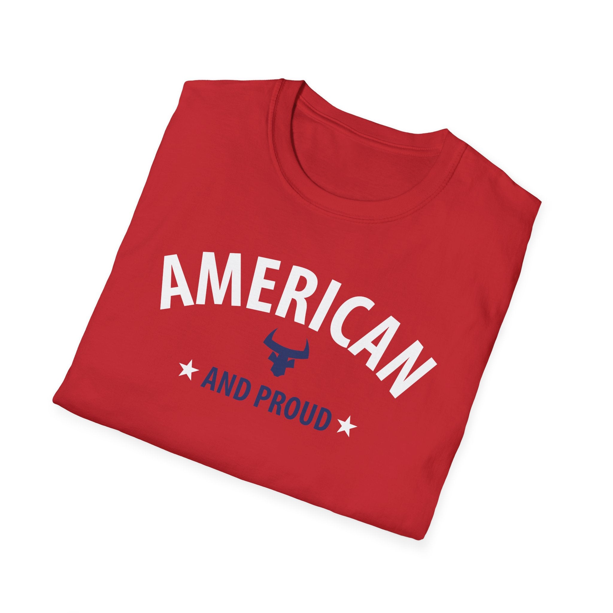 AMERICAN and PROUD USA 4th July Patriotic Rock Design Unisex Softstyle T-Shirt