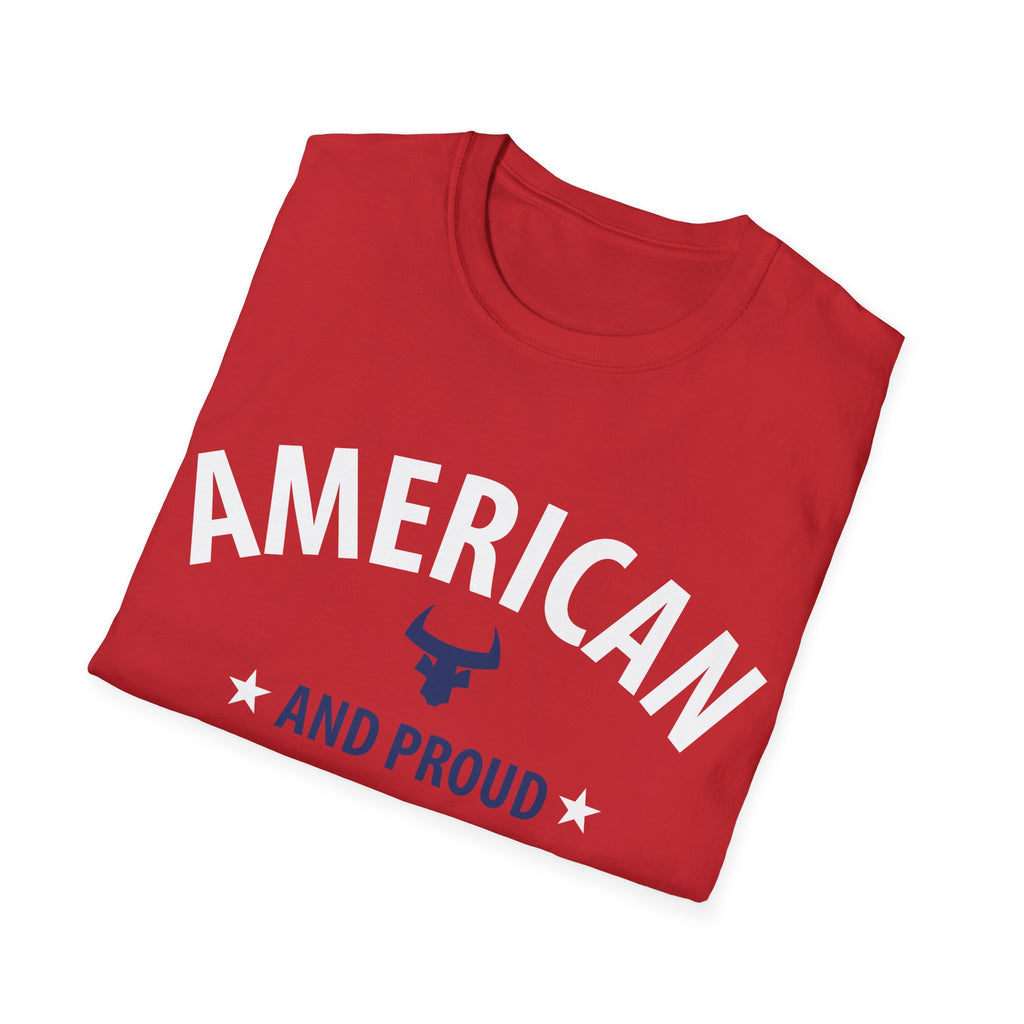 AMERICAN and PROUD USA 4th July Patriotic Rock Design Unisex Softstyle T-Shirt