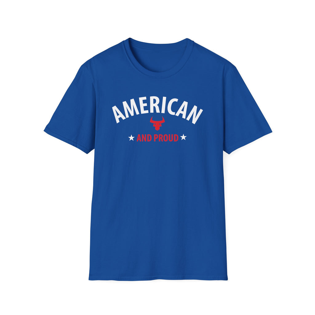 AMERICAN and PROUD USA 4th July Patriotic Rock Design Unisex Softstyle T-Shirt
