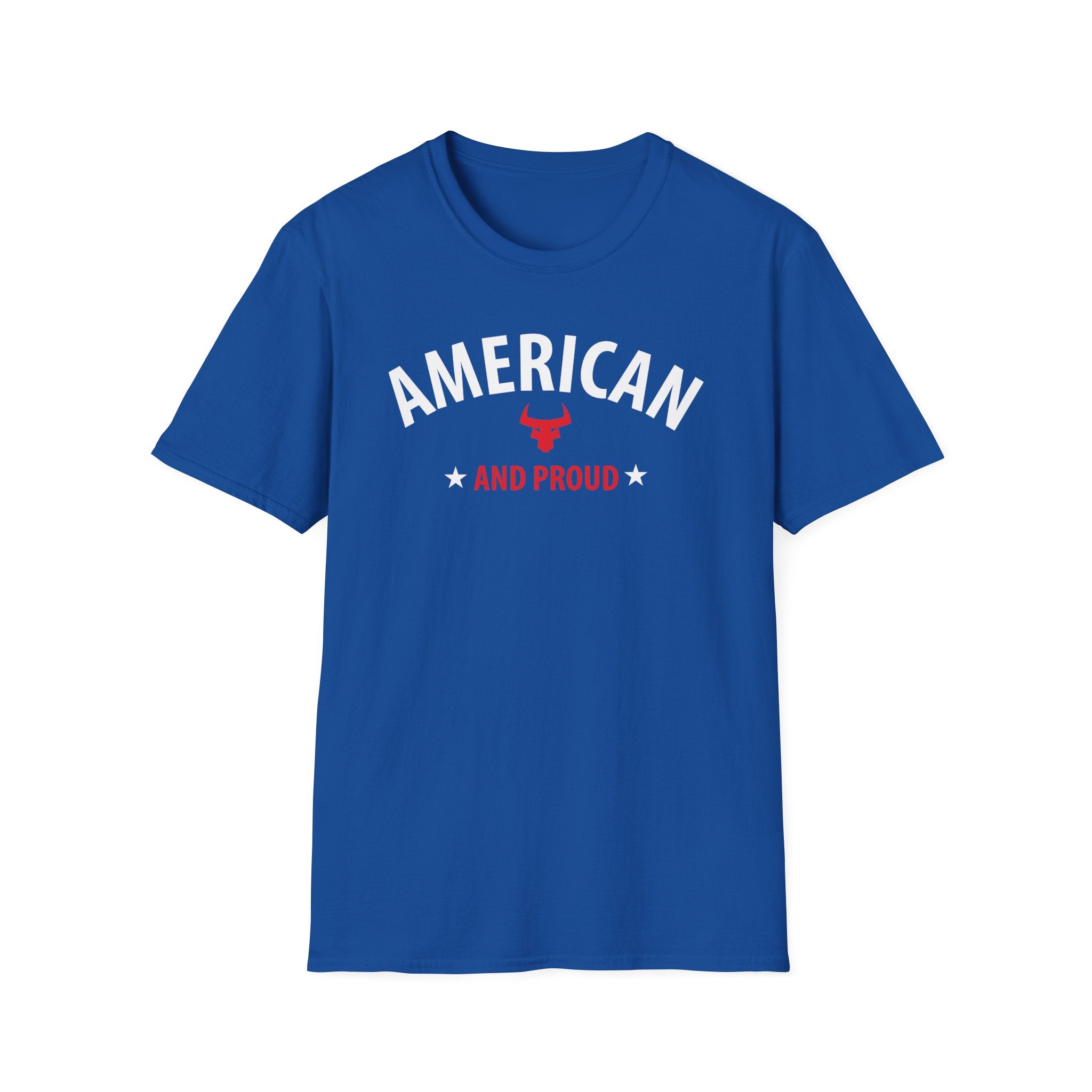 AMERICAN and PROUD USA 4th July Patriotic Rock Design Unisex Softstyle T-Shirt