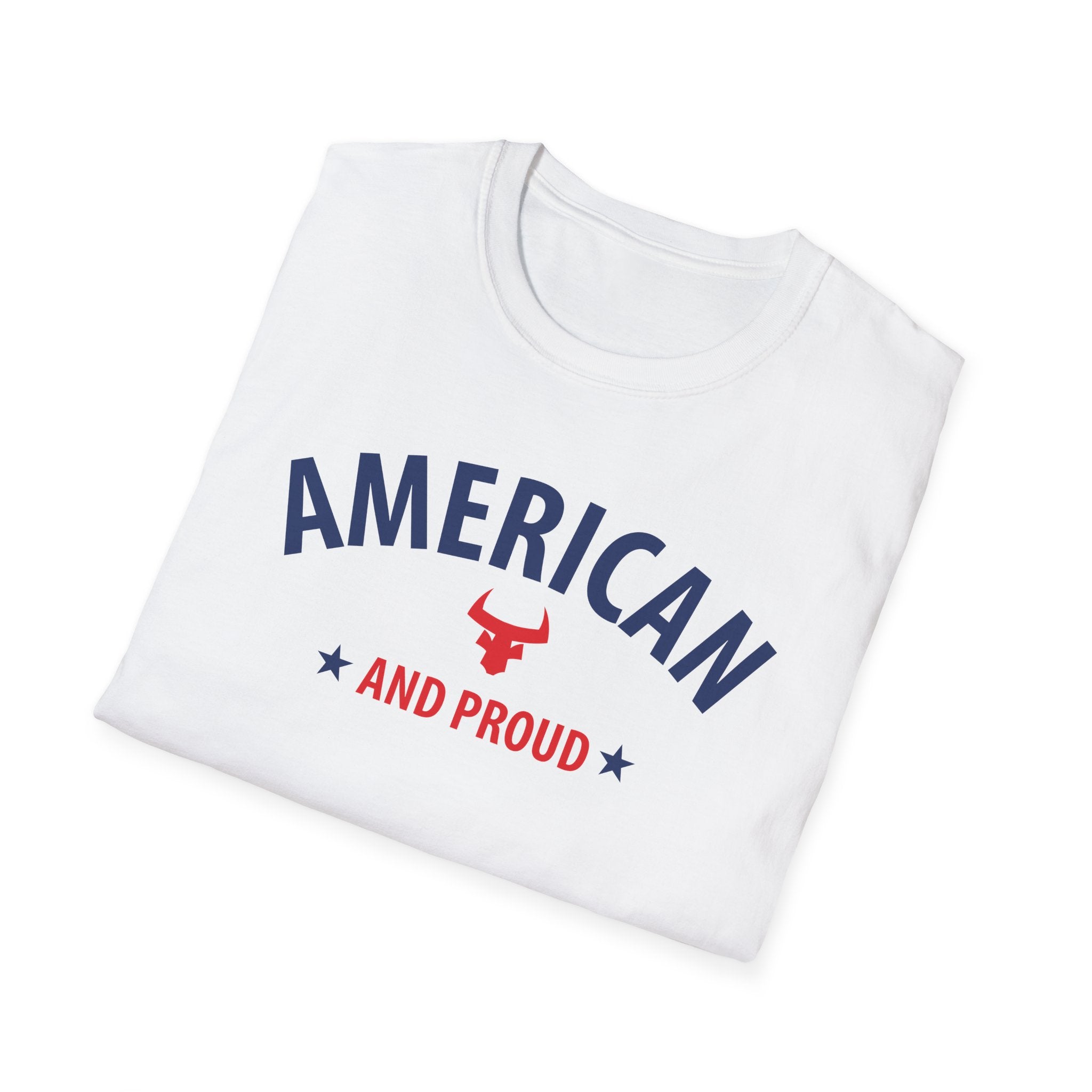 AMERICAN and PROUD USA 4th July Patriotic Rock Design Unisex Softstyle T-Shirt