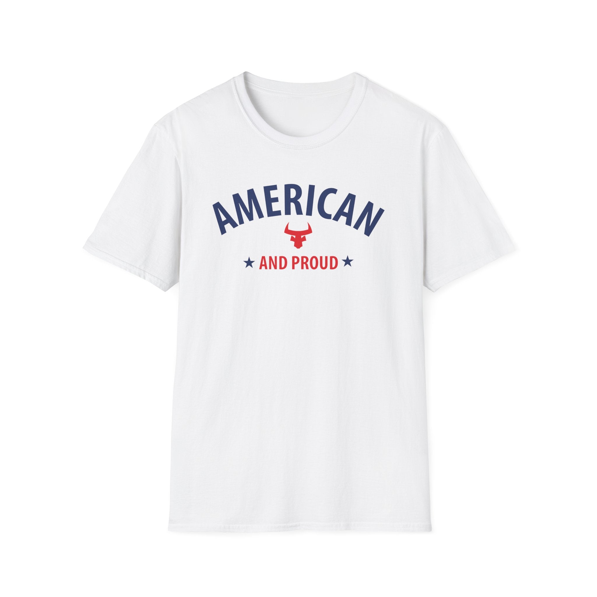 AMERICAN and PROUD USA 4th July Patriotic Rock Design Unisex Softstyle T-Shirt