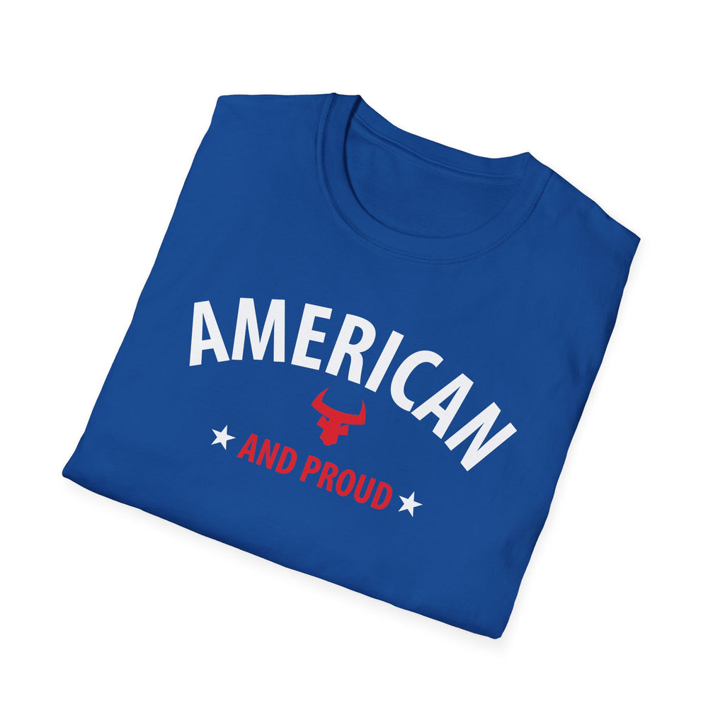 AMERICAN and PROUD USA 4th July Patriotic Rock Design Unisex Softstyle T-Shirt