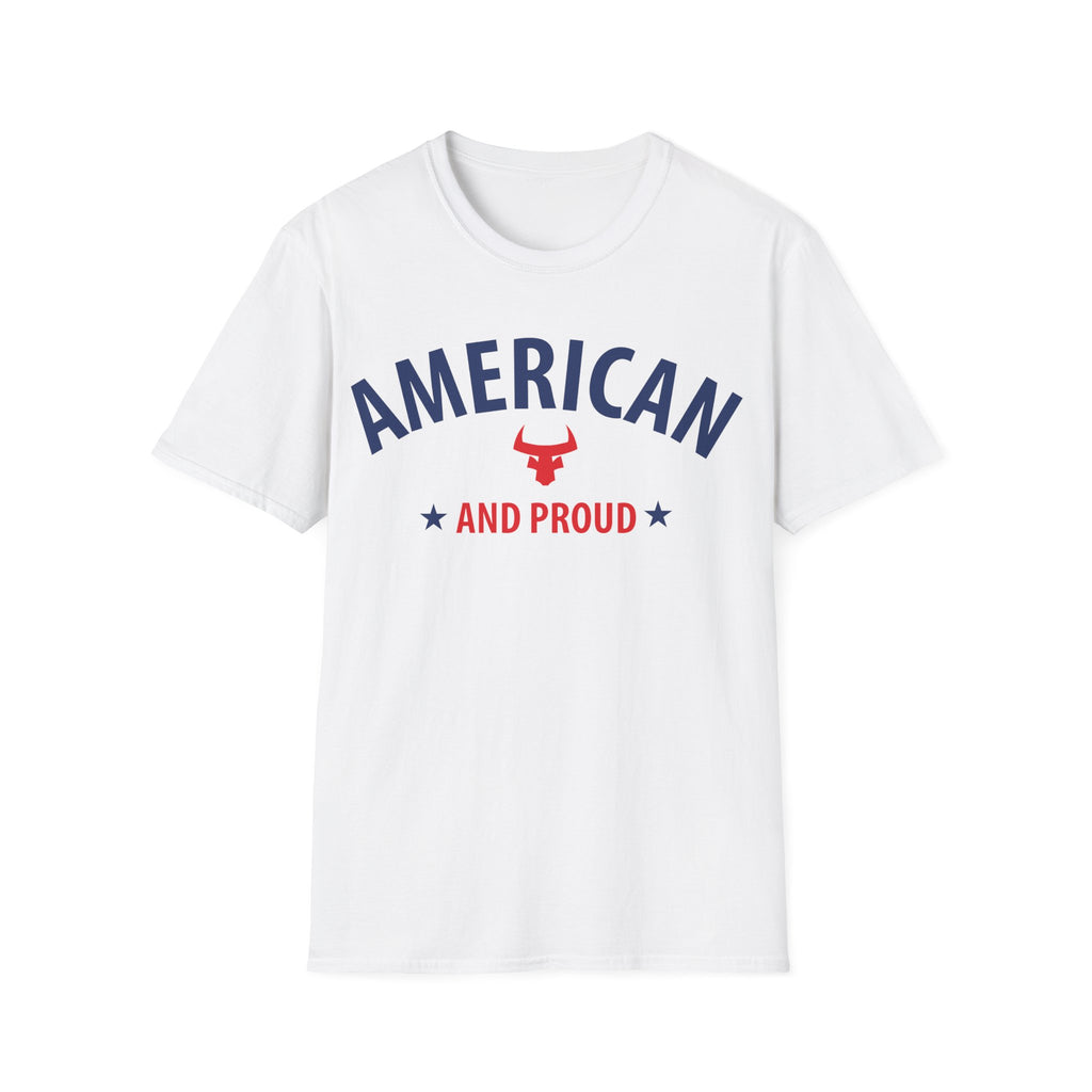 AMERICAN and PROUD USA 4th July Patriotic Rock Design Unisex Softstyle T-Shirt