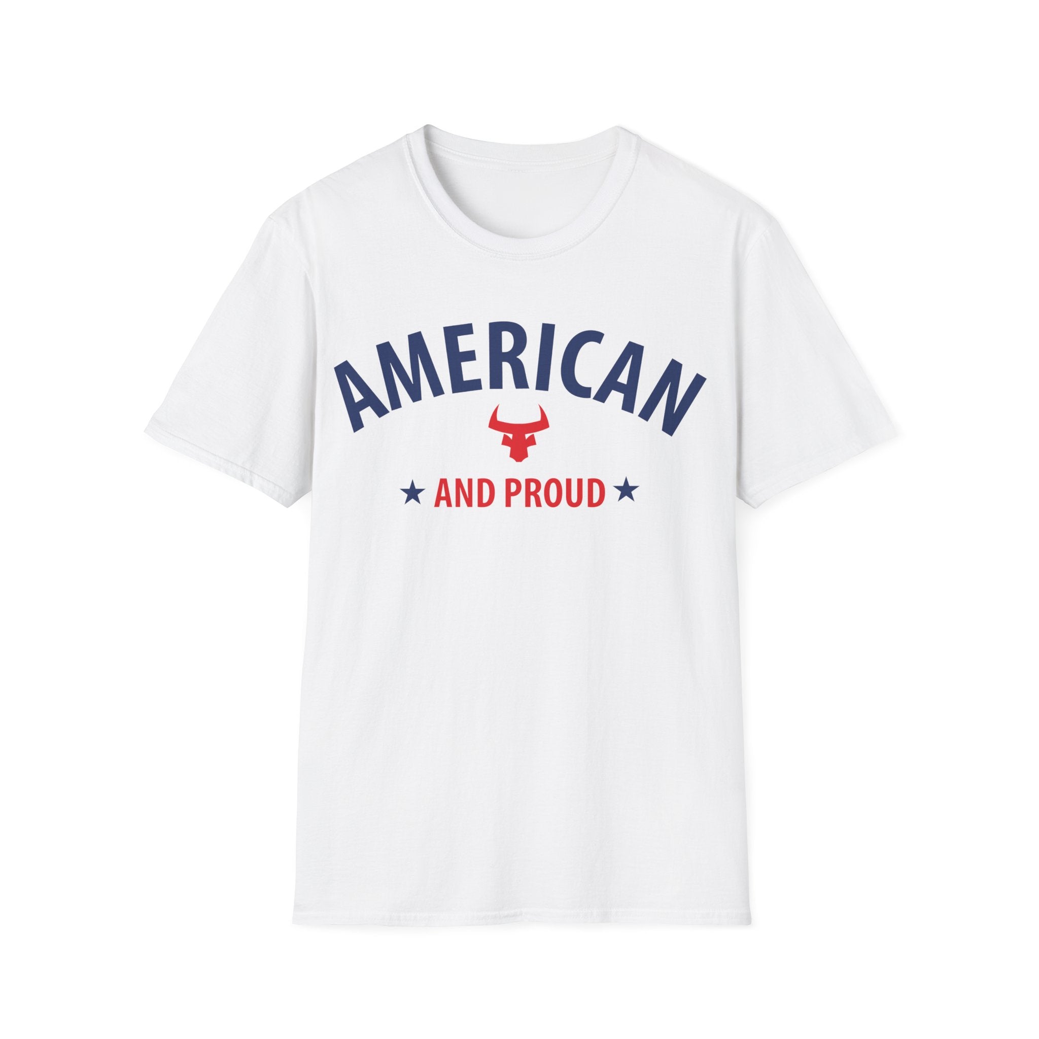 AMERICAN and PROUD USA 4th July Patriotic Rock Design Unisex Softstyle T-Shirt